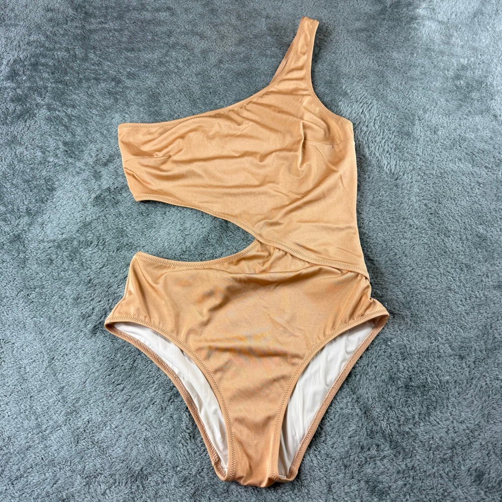 Solid & Striped One Shoulder Cutout Swimsuit Metallic Copper Bronze Medium